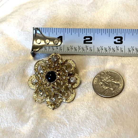 Vintage Victorian Revival Filigree Brooch Gold Tone Black Cab Rhinestones Pin - Picture 9 of 10